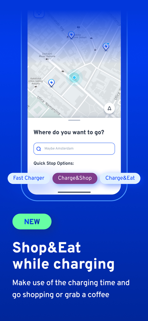 ElectricRoutes - ElectricRoutes app display of EV charging stations with integrated shopping and dining options