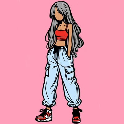 girl in baggy pants crop top and long hair
