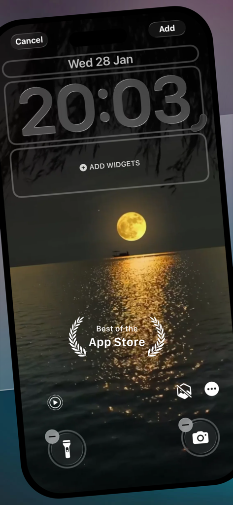 ClipToLive • Live Wallpapers - iPhone lock screen customization preview featuring a cinematic full moon over the ocean