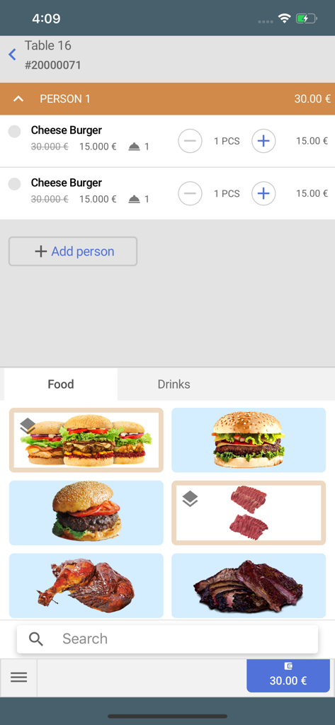 Interface do aplicativo CompuCash POS exibindo o pedido de uma mesa de restaurante com um menu visual de itens como hambúrgueres e bifes