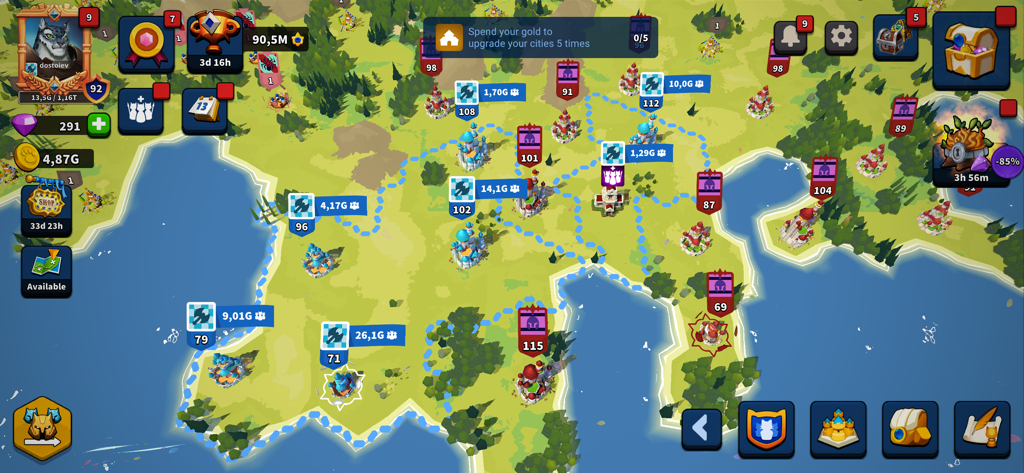 Tactical world map in Million Lords showing city conquest and territory expansion