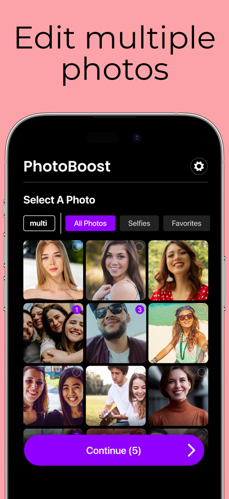PhotoBoost - AI Photo Enhancer - PhotoBoost app interface showing a grid of photos for multiple selection and batch editing