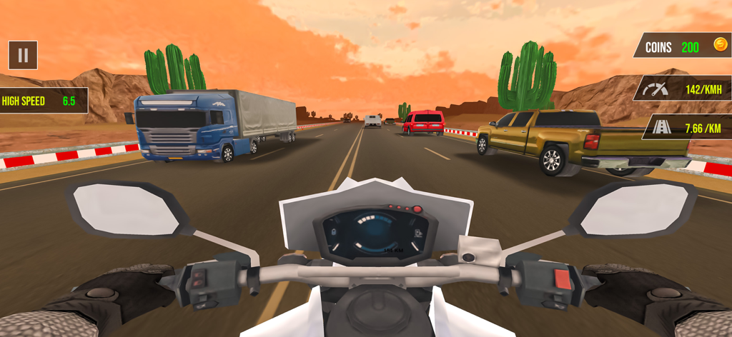 SpeedTrail3D :Moto Bike Go - First person view of a motorcycle dodging traffic on a desert highway in SpeedTrail3D