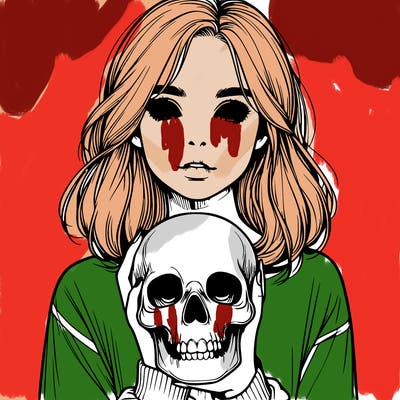 realistic girl holding a skull