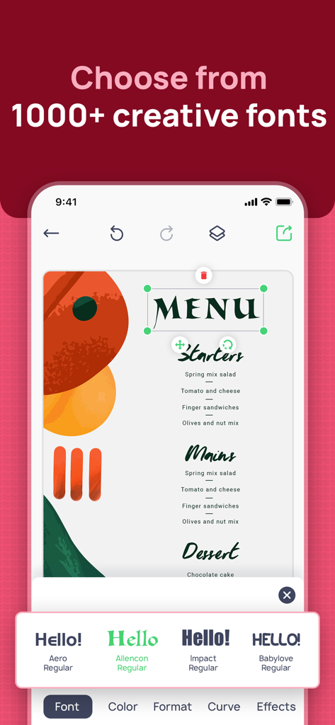 A mobile app interface for Menu Maker showing a restaurant menu design with various creative font options for customization