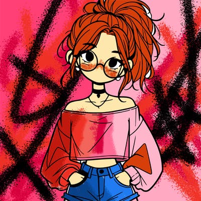 girl with a messy ponytail glasses a baggy crop top and jean shorts