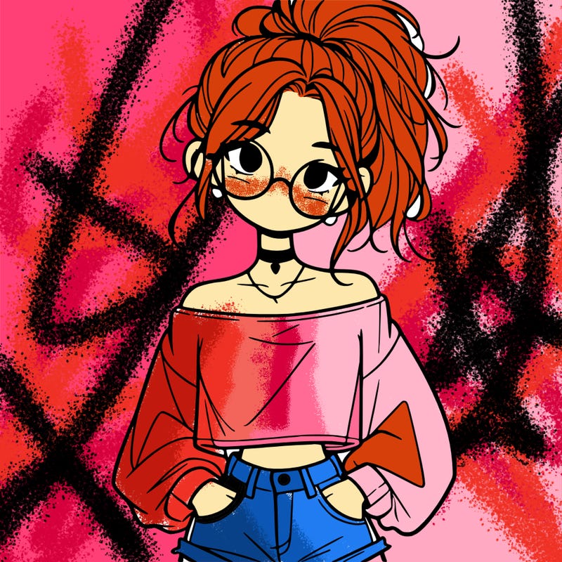 girl with a messy ponytail glasses a baggy crop top and jean shorts