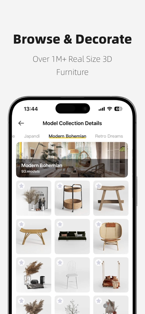 Homestyler-3D Home Decor - Interface de l'application mobile affichant une collection organisée de modèles de meubles 3D bohèmes modernes pour la décoration intérieure