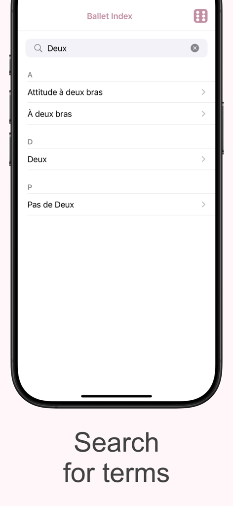 Ballet Lite - Una pantalla de búsqueda en la aplicación Ballet Lite que muestra una lista de términos de ballet, incluido Pas de Deux.