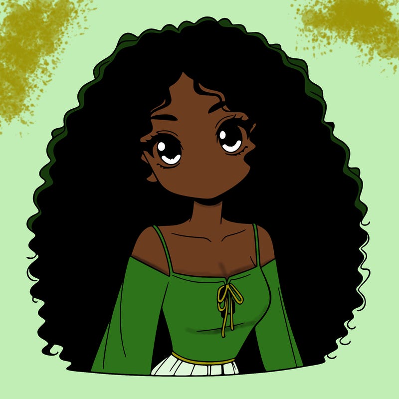 a black anime girl with long afro hair