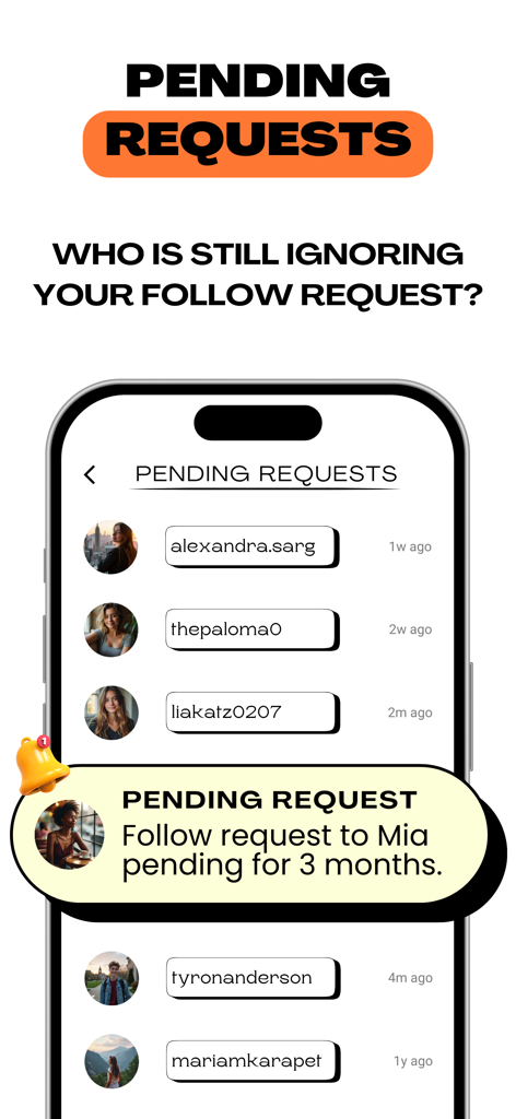 Report King Followers Tracker - Screen from Report King app showing a list of users who haven't accepted Instagram follow requests with a notification for a 3-month-old request.