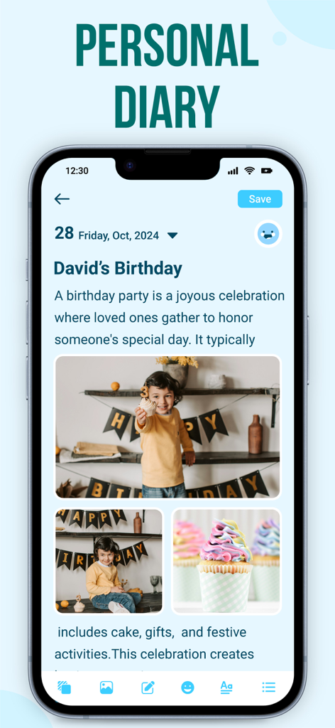 My Diary : Diary With Password - 子供とカップケーキの写真が入った「Davids Birthday」と題されたデジタル日記のエントリ