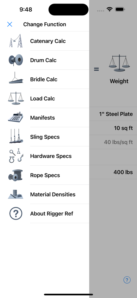 Rigger Ref - Navigation menu of the Rigger Ref app showing a list of rigging calculation and reference tools like bridle and load calculators