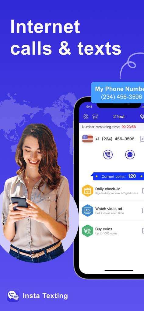 Insta Texting - Unlimited Call - Insta Texting app interface showing internet calls texts and second phone number features