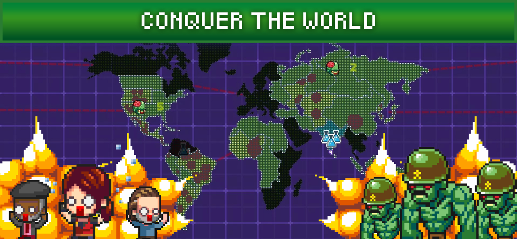 Écran de jeu Infectonator 3 montrant une carte du monde en pixel art pour la conquête mondiale et des personnages zombies