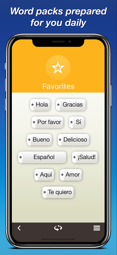 Spanish by Nemo - Interface of Spanish by Nemo app displaying a list of favorite common phrases including Hola and Gracias