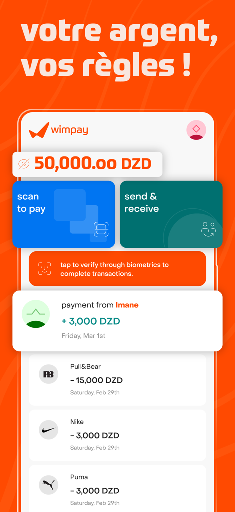 WIMPAY DZ BNA - Wimpay DZ BNA mobile app dashboard showing account balance and transaction history