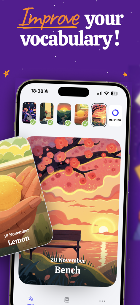 Word of the day - Words - Mobile app interface showing daily vocabulary words with artistic illustrations for learning