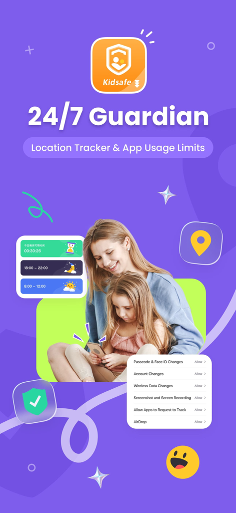 FlashGet Kidsafe - Mother and daughter using a smartphone with overlays of FlashGet Kidsafe parental control features including location tracking and screen time limits