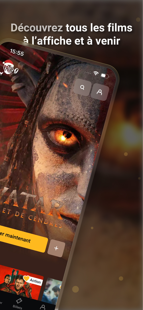 Interfaz de la aplicación móvil Pathé France que muestra listados de películas actuales y futuras