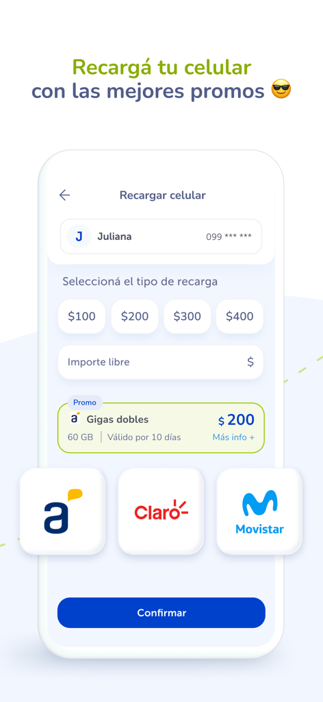 Miredpagos - Miredpagos app interface for cell phone top-ups with Antel Claro and Movistar logos