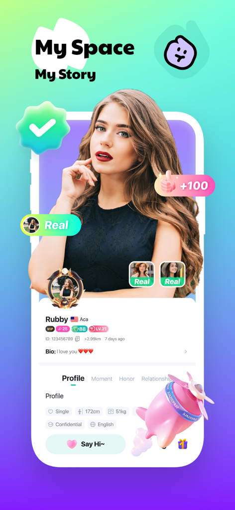A screenshot of the Timo Club app user profile interface showing a verified real person badge and social interaction options