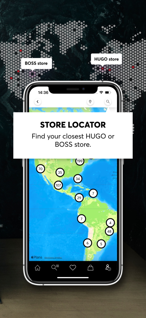 HUGO BOSS - Premium Fashion - Localizzatore di negozi dell'app Hugo Boss che mostra una mappa del mondo con le posizioni dei negozi.