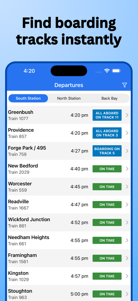 MBTA Rail • Commuter Rail - Screenshot of the MBTA Rail app showing train departures from South Station with boarding track information