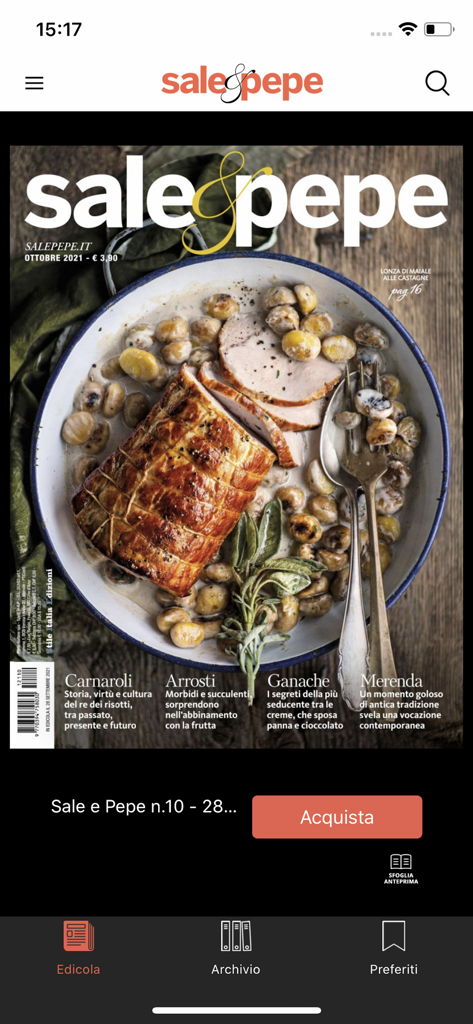Sale&Pepe - Sale and Pepe mobile app newsstand showing an Italian gourmet magazine cover with a roasted pork dish