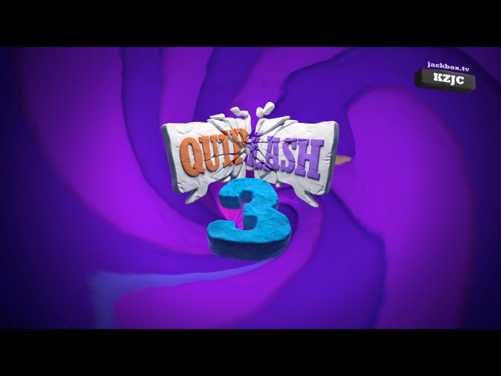 The Jackbox Party Starter - Il logo del gioco Quiplash 3 con un numero tre di pietra blu su uno sfondo vorticoso viola