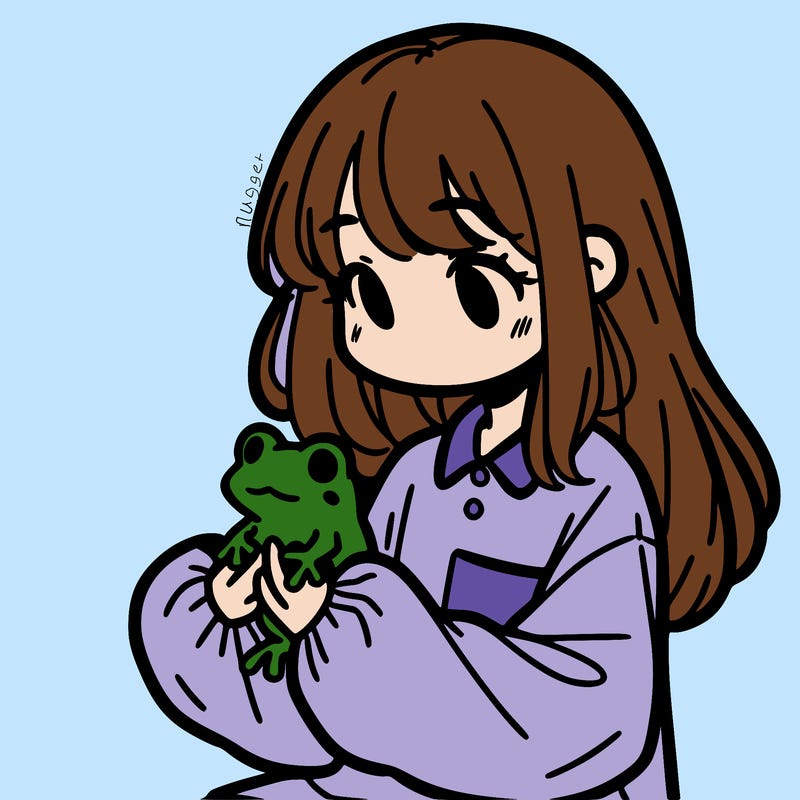 girl with long hair and a oversized shirt. and she is holding a frog