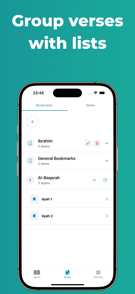 Smartphone screen displaying the Holy Quran app study feature for grouping bookmarked verses into lists.