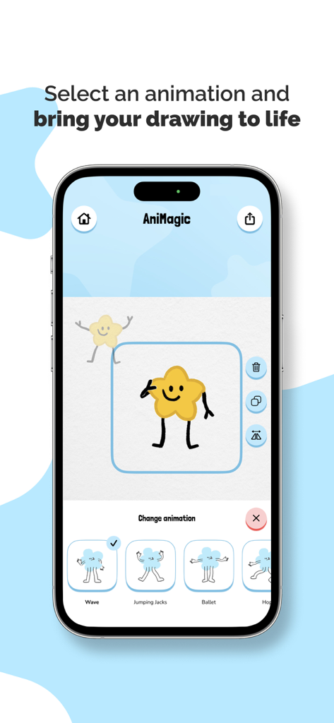 Interface of the AniMagic app showing a hand-drawn star character being animated with options for wave and jumping jacks