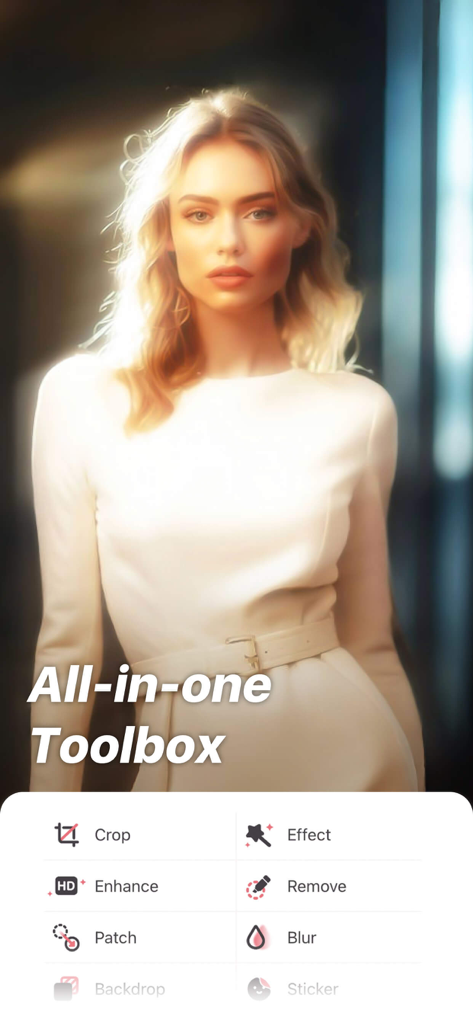 A glowing portrait of a woman showing the app's all-in-one editing toolbox menu with features like crop effect enhance and blur