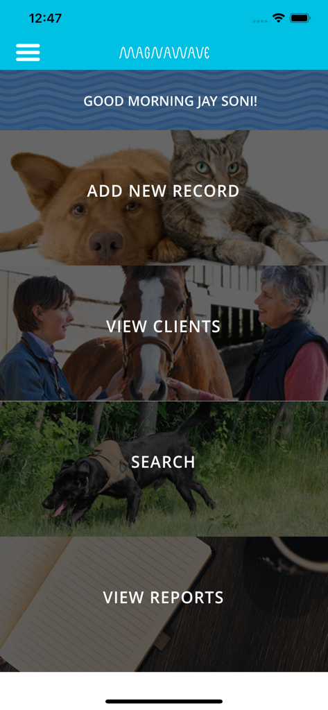 Home screen of the Magna Wave app for certified practitioners featuring options to add records view clients and search for animal therapy sessions