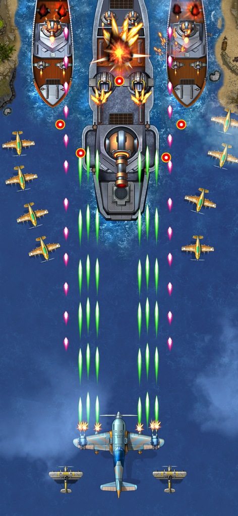 1941 AirAttack: Airplane Game - Un avión de combate de la Segunda Guerra Mundial atacando grandes buques de guerra en un juego de disparos arcade vertical