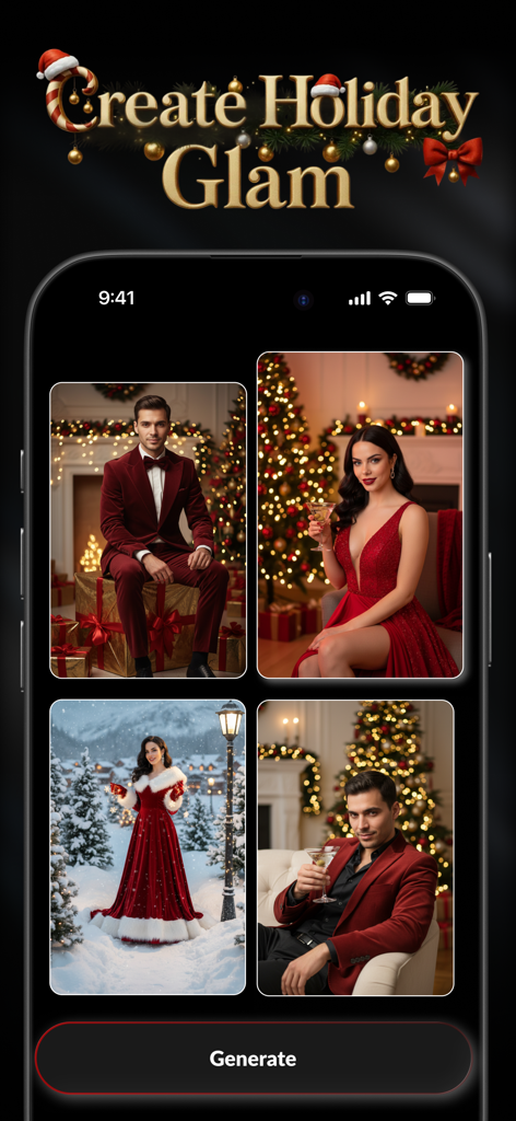 AI Photo Video Generator: AURA -  Portraits de vacances générés par IA de personnes en tenues rouges formelles avec des arrière-plans de Noël festifs