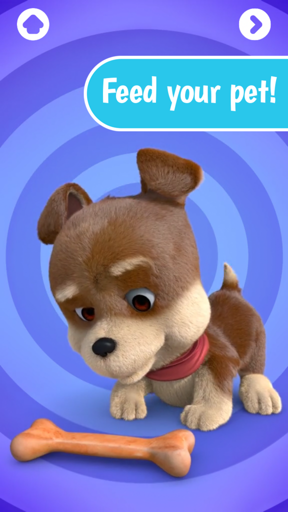 Farm Animals by Dave and Ava - A 3D animated puppy looking at a bone with the text Feed your pet