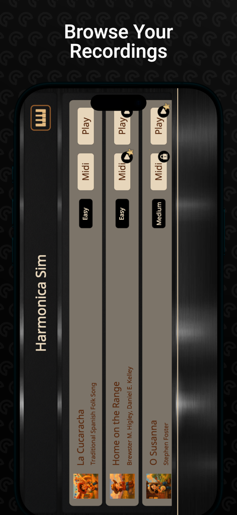 Harmonica Sim - Harmonica Sim app screen showing a list of recorded songs and play options