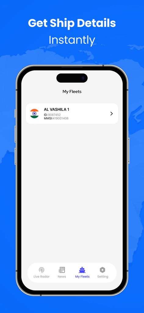 Mobile app screen showing the My Fleets feature with vessel details for Al Vashila 1