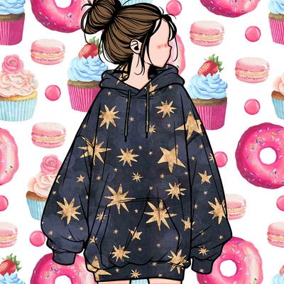 realistic girl with a oversized sweatshirt on and a bun