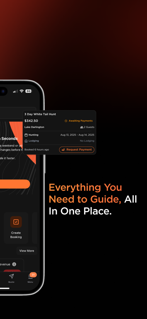 Smartphone screen displaying the Mallard Bay For Guides app with a white tail hunt booking detail and a request payment button.