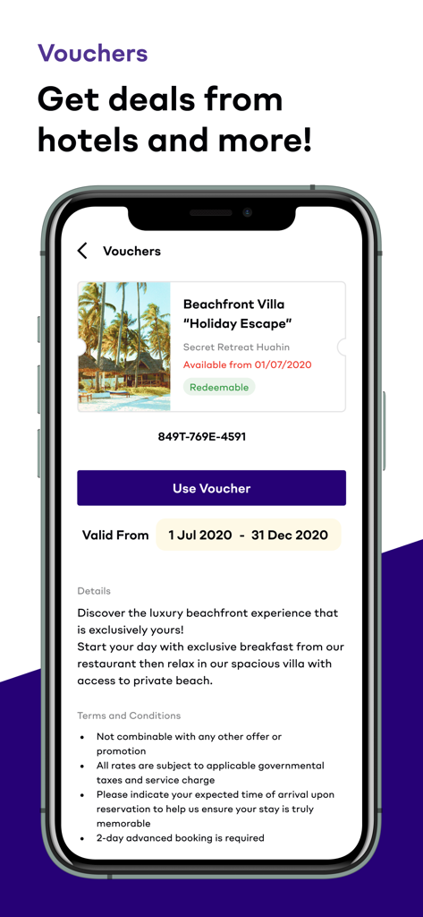 Eventpop - Eventpop app showing a hotel voucher for a beachfront villa holiday escape.