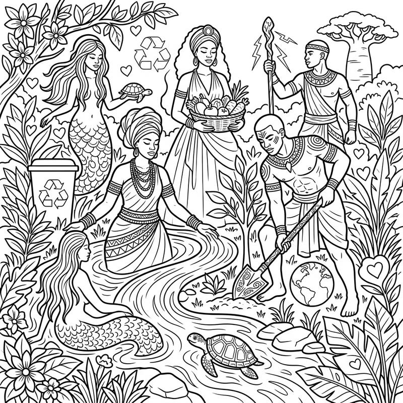 Discover a powerful Earth Day coloring page featuring revered African Deities protecting our planet's natural beauty. This intricate design invites you to honor ancient traditions while celebrating environmental stewardship through art.