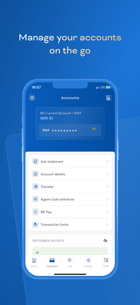 Bank of Kigali Mobile Banking - Interface of the Bank of Kigali mobile app showing account management and banking services