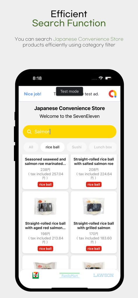 Japanese Convenience Store - Search results for salmon rice balls in the Japanese Convenience Store app