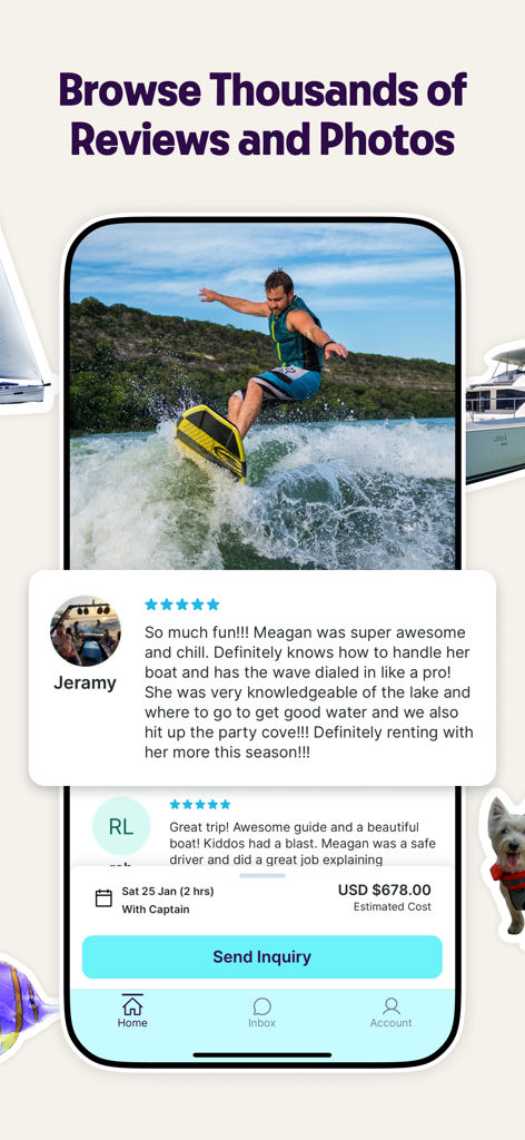 Getmyboat - Screenshot der Getmyboat-App, der Fünf-Sterne-Nutzerbewertungen und ein Foto eines Mannes beim Wakesurfen zeigt