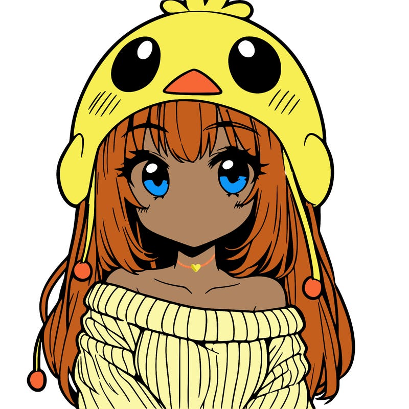 anime girl with chick shaped hat with sweater with bare shoulders with bangs covering them one eye with low tail