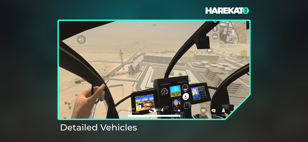 Harekat 2 : Online - Vista en primera persona desde la cabina detallada de un helicóptero volando sobre un paisaje desértico en Harekat 2
