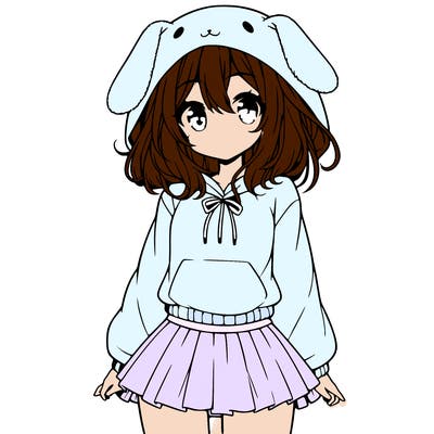 pretty anime girl wearing a fluffy hoodie with bunny ears on the hood and a skirt